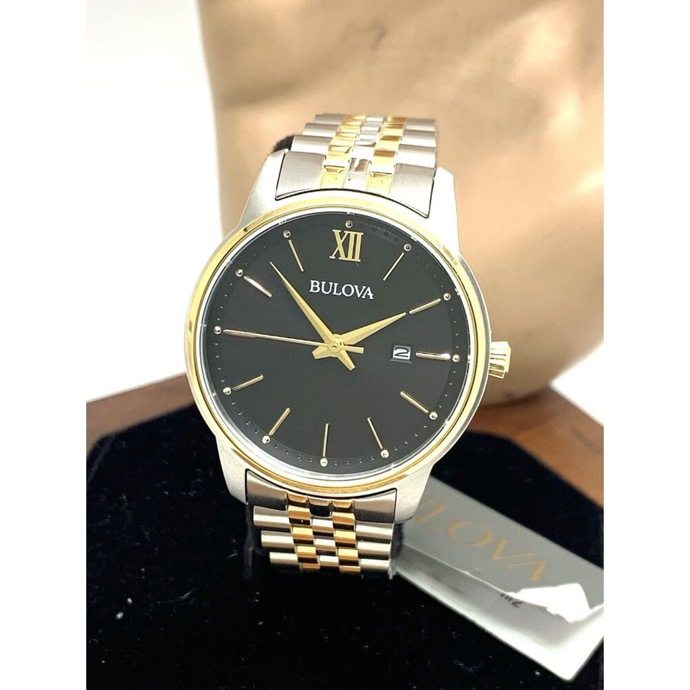 Bulova Women's Watch 98M134 Black Dial Date Quartz Two Tone Stainless Steel 32mm